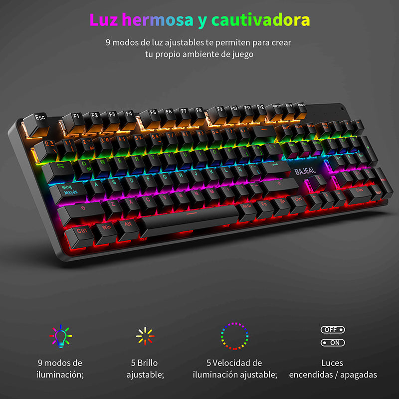 BAJEAL Wired 104 Keys Spanish Keyboard Backlit Computer Laptop Gaming Blue Switch Mechanical Keyboard - Black BAJEAL Wired 104 Keys Spanish Keyboard Backlit Computer Laptop Gaming Blue Switch Mechanical Keyboard - Black